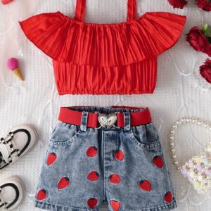 Chic Girls' Summer Outfit Set: Strawberry Embroidered Off-Shoulder Top & Heart Belted Shorts - Breathable Polyester, Machine Washable, Perfect for Outdoor