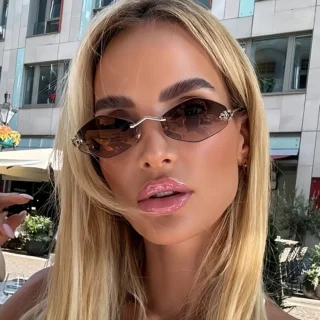 1pc Frameless Oversized Gradient Fashion Glasses for Women, Polygonal Metal Hinge, PC Lens, Fashionable UV Protection Eyewear for Outdoor Activities