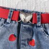 Chic Girls' Summer Outfit Set: Strawberry Embroidered Off-Shoulder Top & Heart Belted Shorts - Breathable Polyester, Machine Washable, Perfect for Outdoor - Image 3