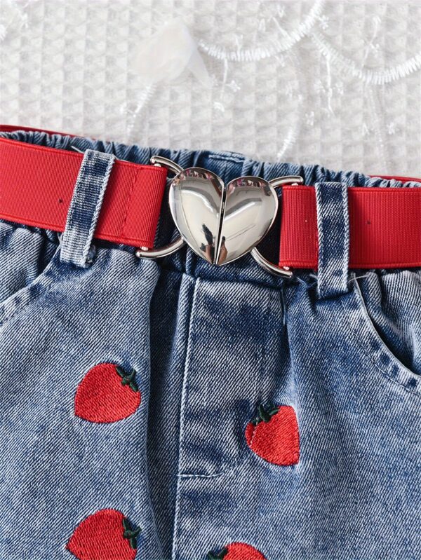 Chic Girls' Summer Outfit Set: Strawberry Embroidered Off-Shoulder Top & Heart Belted Shorts - Breathable Polyester, Machine Washable, Perfect for Outdoor - Image 3