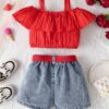 Chic Girls' Summer Outfit Set: Strawberry Embroidered Off-Shoulder Top & Heart Belted Shorts - Breathable Polyester, Machine Washable, Perfect for Outdoor - Image 5