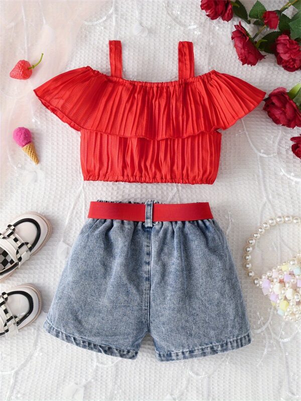 Chic Girls' Summer Outfit Set: Strawberry Embroidered Off-Shoulder Top & Heart Belted Shorts - Breathable Polyester, Machine Washable, Perfect for Outdoor - Image 5