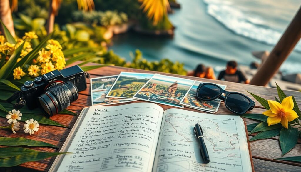 A beautifully arranged flat lay featuring a Bali itinerary, displayed on a wooden table adorned with tropical leaves and flowers. In the foreground, a detailed travel journal open to a page with handwritten notes and sketches, accompanied by a camera, sunglasses, and a map of Bali. In the middle ground, colorful postcards showcasing popular Bali attractions such as Ubud's rice terraces, temples, and beaches. In the background, the soft blur of a serene Balinese landscape with lush greenery and gentle waves lapping at the shore, evoking a peaceful vacation atmosphere. The lighting is warm and inviting, reminiscent of a sunny day in Bali, with soft shadows to add depth. The overall mood is inspiring and vibrant, perfect for showcasing travel plans and experiences. A beautifully arranged flat lay featuring a Bali itinerary, displayed on a wooden table adorned with tropical leaves and flowers. In the foreground, a detailed travel journal open to a page with handwritten notes and sketches, accompanied by a camera, sunglasses, and a map of Bali. In the middle ground, colorful postcards showcasing popular Bali attractions such as Ubud's rice terraces, temples, and beaches. In the background, the soft blur of a serene Balinese landscape with lush greenery and gentle waves lapping at the shore, evoking a peaceful vacation atmosphere. The lighting is warm and inviting, reminiscent of a sunny day in Bali, with soft shadows to add depth. The overall mood is inspiring and vibrant, perfect for showcasing travel plans and experiences.
