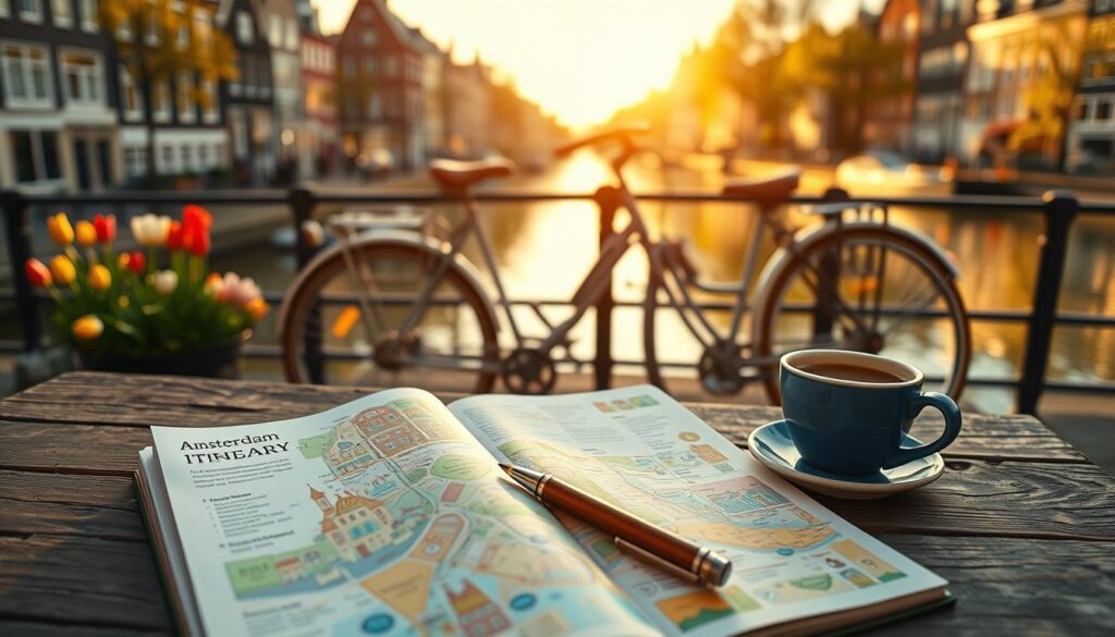 A beautifully designed Amsterdam itinerary spread out on a rustic wooden table, featuring iconic landmarks like the Anne Frank House, Rijksmuseum, and canals with houseboats in vibrant colors. In the foreground, an open travel journal with a fountain pen, colorful maps, and a cup of coffee. The middle ground showcases a bicycle leaning against a canal-side railing, surrounded by blooming tulips. The background features picturesque gabled houses reflected in the calm water of the canals, bathed in the warm glow of golden hour sunlight. The atmosphere is inviting and adventurous, evoking a sense of exploration and cultural richness, with soft focus on the background to emphasize the details in the foreground. The image should be bright, well-lit, and engaging.