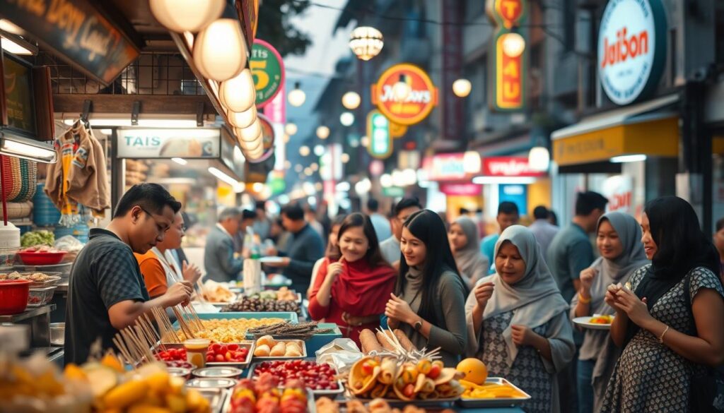 A bustling street food scene set in a vibrant urban area, capturing a variety of colorful food stalls. In the foreground, an array of delicious street food items such as tacos, skewers, and fresh fruits are displayed, attracting eager customers. In the middle ground, a diverse group of people, dressed in modest casual clothing, are enjoying their meals, showcasing a mix of cultures. The background features a lively street scene with bright signs and hanging lights creating a warm, inviting atmosphere. The image is bathed in soft, natural evening light with a slight bokeh effect, adding depth and a sense of community. The overall mood is cheerful and lively, evoking the excitement of indulging in local culinary experiences.