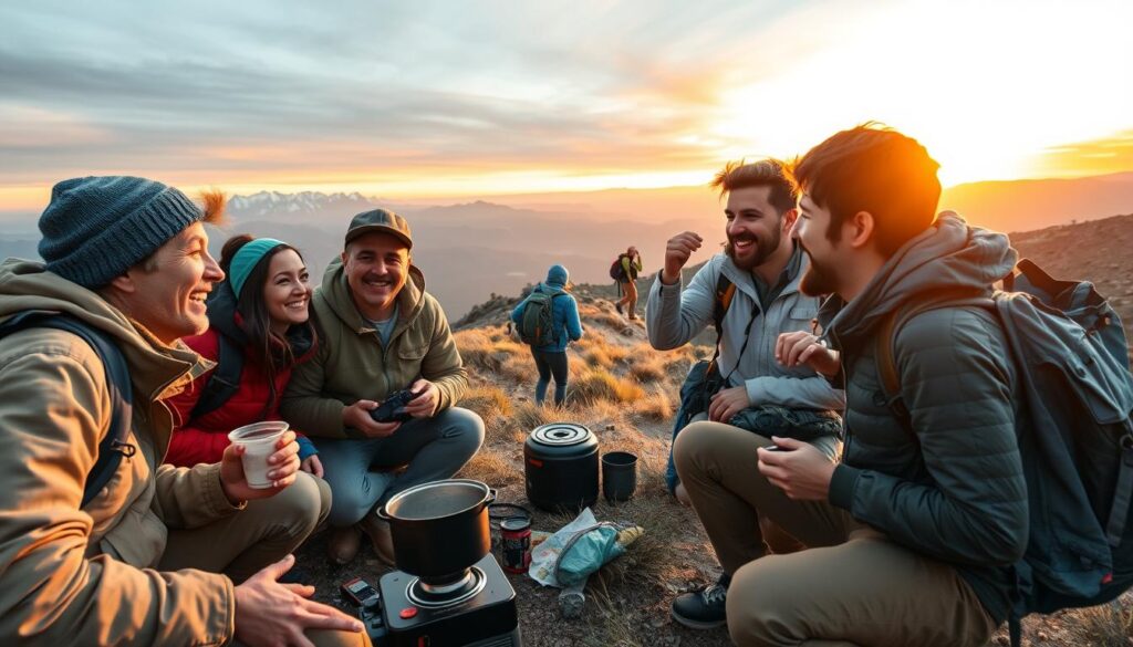 A captivating outdoor scene depicting diverse individuals engaging in various travel adventures, emphasizing experiences rather than destinations. In the foreground, a group of friends, dressed in casual outdoor clothing, share a laugh while preparing a meal on a portable stove. In the middle ground, adventurers can be seen hiking up a scenic trail, capturing the moment with a camera, and exploring together. The background features breathtaking mountains and a vibrant sunset, casting warm, golden light across the landscape, evoking a sense of exploration and camaraderie. The atmosphere should be lively and joyful, highlighting the bonds formed through shared experiences and the beauty of nature. The angle should be slightly elevated to capture the depth of the scene, giving a sense of vastness and adventure.