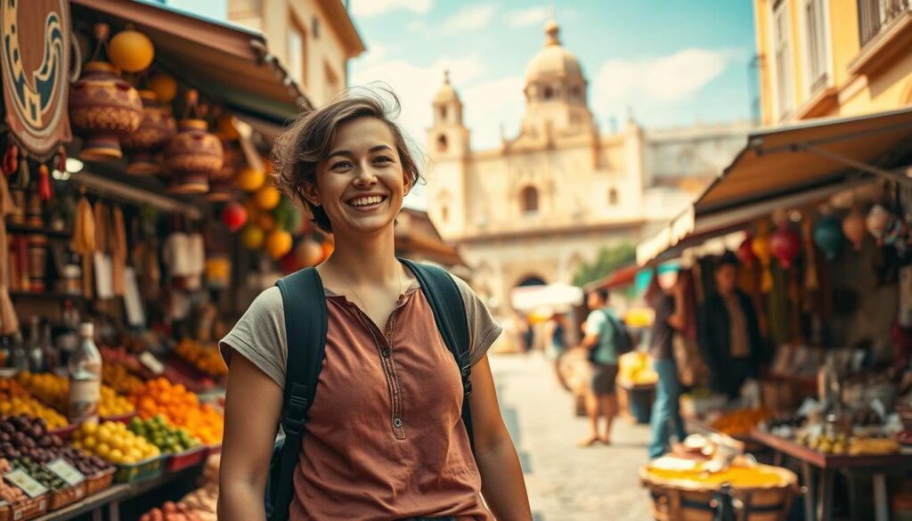 A cheerful solo traveler in modest casual clothing stands in the foreground, smiling as they explore a vibrant local market filled with colorful fruits, spices, and handmade crafts. The middle ground features diverse stalls, bustling with friendly vendors showcasing their goods. In the background, sunlit historical buildings and a blue sky create an inviting atmosphere, enhancing the sense of adventure and discovery. Soft golden light bathes the scene, casting warm shadows that evoke a sense of comfort and joy. The composition is shot at a slightly elevated angle, providing a dynamic view of the market's energy and the traveler's blissful engagement with their surroundings. The overall mood is one of excitement, curiosity, and the satisfaction of meaningful travel on a budget.