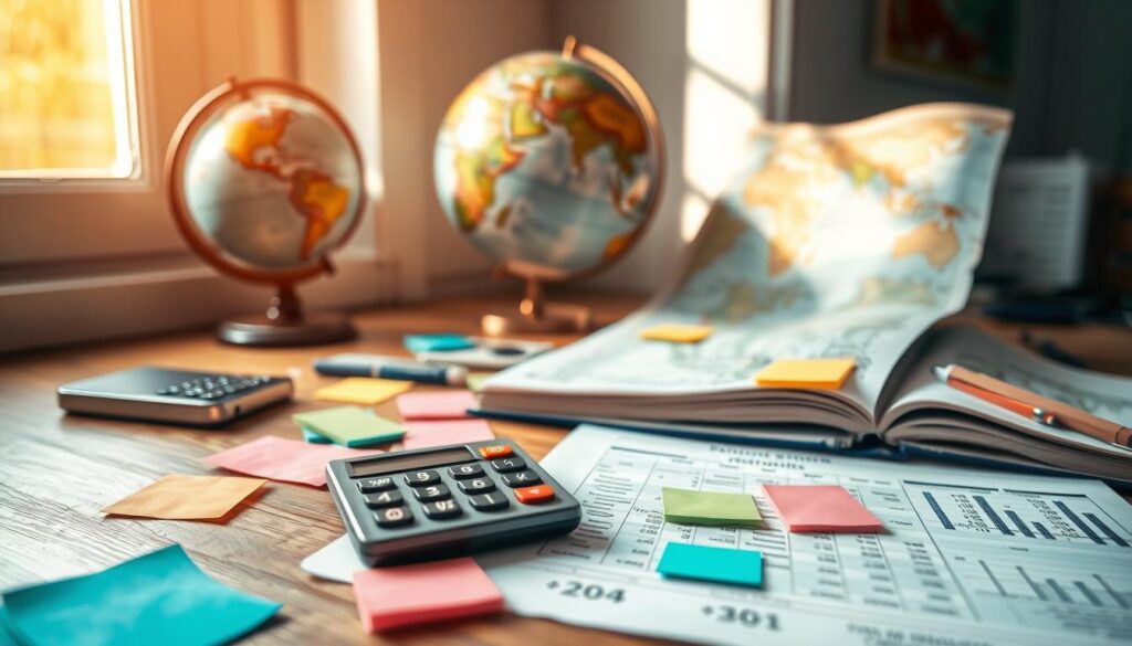 A close-up view of a travel budget plan laid out on a wooden desk, featuring colorful sticky notes, a calculator, and an open notebook filled with neatly organized charts and travel destinations. In the background, soft, natural light filters through a nearby window, creating a warm and inviting atmosphere. A globe and a vintage map sit partially visible, hinting at possible travel routes. The scene conveys a sense of organization and enthusiasm for adventure, with a focus on the financial aspects of planning a trip. The overall mood is optimistic and encouraging, inviting viewers to envision their perfect travel experience while staying within budget.