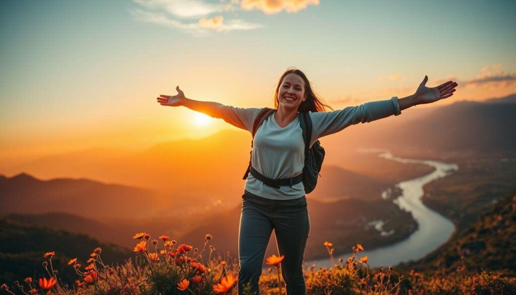 A confident solo traveler stands on a scenic mountain overlook, arms outstretched towards a stunning sunset that casts warm golden and orange hues across the sky. In the foreground, the traveler wears a modest, colorful hiking outfit, showing a bright smile that radiates joy and empowerment. The middle ground features the silhouette of distant mountains, while vibrant wildflowers bloom at the traveler’s feet, adding a pop of color. The background showcases expansive valleys and a winding river, symbolizing freedom and adventure. Utilize soft, natural lighting to accentuate the serene atmosphere, captured from a low angle to enhance the sense of height and perspective, evoking feelings of confidence and exploration.