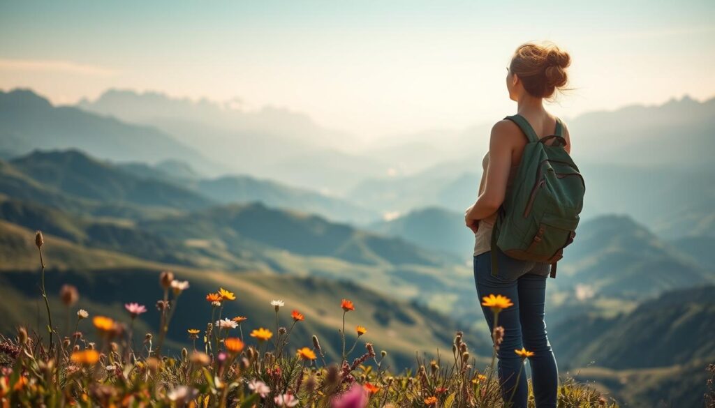 A confident solo traveler stands on a scenic mountain viewpoint, looking out over a breathtaking landscape of rolling green hills and a clear blue sky. In the foreground, the traveler—a woman in modest, casual clothing—holds a backpack and gazes into the distance with a sense of wonder and freedom. The middle ground features vibrant wildflowers, symbolizing the beauty of adventure. In the background, majestic mountains rise, shrouded in soft, warm sunlight that casts gentle shadows. The composition is captured from a slightly low angle, emphasizing the vastness of the landscape. The mood is uplifting and empowering, evoking a spirit of exploration and self-discovery, with natural lighting that enhances the overall warmth of the scene.