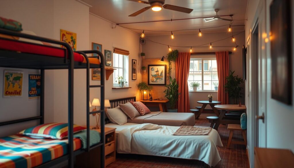 A cozy, well-decorated budget accommodation scene showcasing various affordable options. In the foreground, an inviting hostel dormitory with colorful bunk beds and cheerful travel posters on the walls, creating a sense of community. In the middle, a small but charming private room featuring a comfortable bed with simple linens, a desk, and a window with natural light streaming through, adorned with potted plants. In the background, a quaint outdoor area with picnic tables and string lights, hinting at a communal space for guests to interact. Soft, warm lighting enhances the welcoming atmosphere, and a slightly elevated angle captures the coziness of the space, evoking a mood of comfort and exploration.