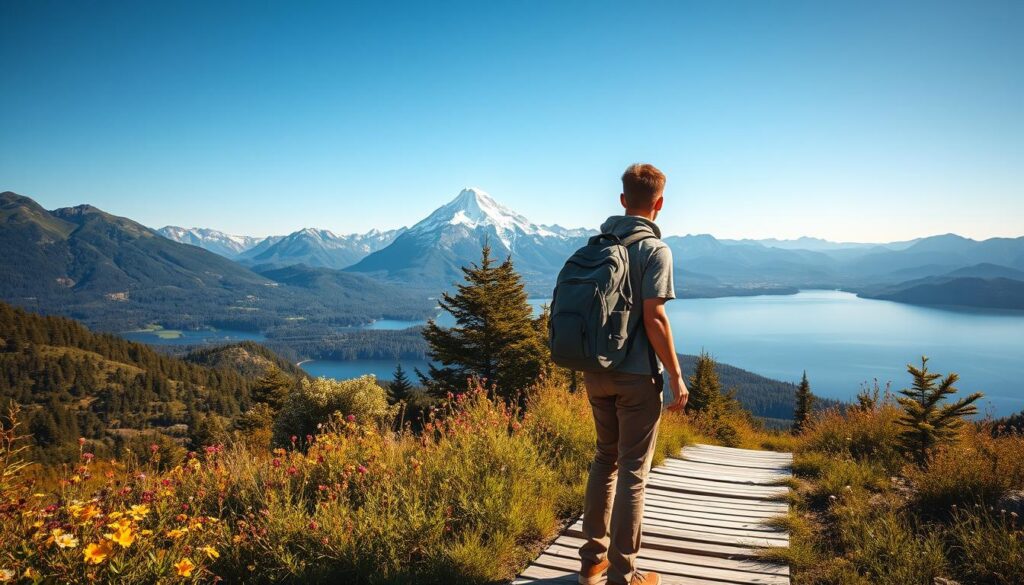A curious traveler stands at the edge of a lush, vibrant landscape, gazing thoughtfully at a distant mountain range that stretches into a clear blue sky. In the foreground, a wooden path leads towards the traveler, lined with wildflowers and greenery that depict a sense of discovery. The middle ground showcases a serene lake reflecting the sunlight, enhancing the mood of tranquility and wonder. In the background, majestic mountains rise, their peak dusted with snow, symbolizing challenges and adventures ahead. The lighting is warm and inviting, evoking a golden hour ambiance that inspires exploration. The traveler wears modest casual clothing, embodying an open-minded spirit, with a backpack suggesting preparedness for the journey of learning and appreciation. The overall mood is one of curiosity and serenity, inviting viewers to contemplate their own travel experiences.