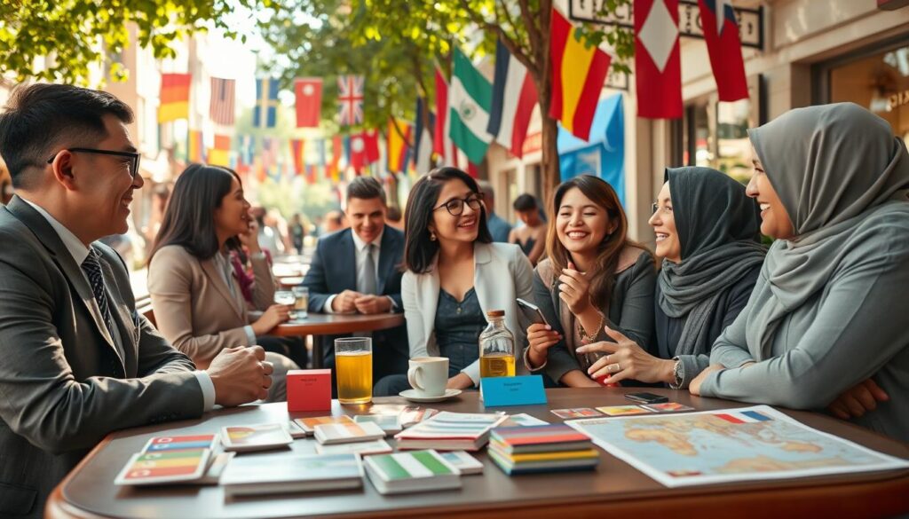 A diverse group of people, clad in professional business attire and modest casual clothing, engages in a lively conversation at a vibrant outdoor café, surrounded by cultural artifacts and language guides. In the foreground, a table displays colorful language flashcards and cultural maps, symbolizing the exchange of language basics and cultural awareness. The middle ground reveals patrons of various ethnic backgrounds sharing ideas, laughing, and exchanging greetings in different languages. The background features a charming street lined with international flags, enhancing the sense of a culturally rich environment. Soft, warm sunlight filters through the leaves, casting dappled shadows, creating a welcoming and inclusive atmosphere that invites viewers to immerse themselves in a world of language and cultural exchange.