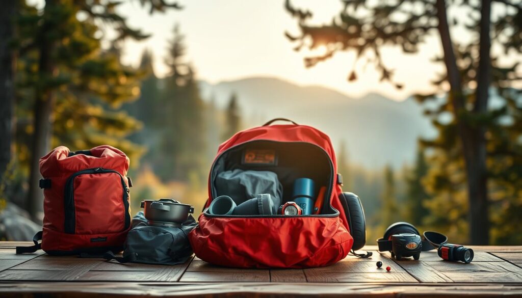 A neatly arranged display of micro-adventure gear on a wooden table, capturing the essence of spontaneity and practicality. In the foreground, a vibrant red backpack is open, revealing compact camping equipment like a lightweight sleeping bag, portable cooking set, and a headlamp. The middle layer features a scenic, rugged outdoor environment, hinting at a forest backdrop with soft, dappled sunlight filtering through the trees. In the background, a hint of distant mountains is visible, adding depth. The overall mood is adventurous and inspiring, with a warm, inviting atmosphere. The lighting is natural, simulating the golden hour, with a shallow depth of field for a soft focus effect on the background, emphasizing the gear's importance for enriching micro-adventures.