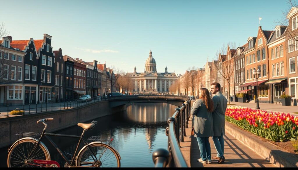A panoramic view of Amsterdam's rich cultural heritage, showcasing iconic elements such as traditional Dutch canal houses with gabled facades and colorful flowers lining the waterways. In the foreground, a charming bridge arches over a serene canal, with a bicycle resting against the railing, symbolizing local life. The middle ground features a couple in modest casual clothing, engaging in conversation while admiring the architecture. The background reveals the majestic Rijksmuseum and a vibrant tulip garden under a clear blue sky. The scene is bathed in warm, golden afternoon light, casting soft shadows and creating an inviting atmosphere. Capture the essence of Amsterdam's history and culture with a slightly elevated vantage point to encapsulate the beauty of the cityscape.