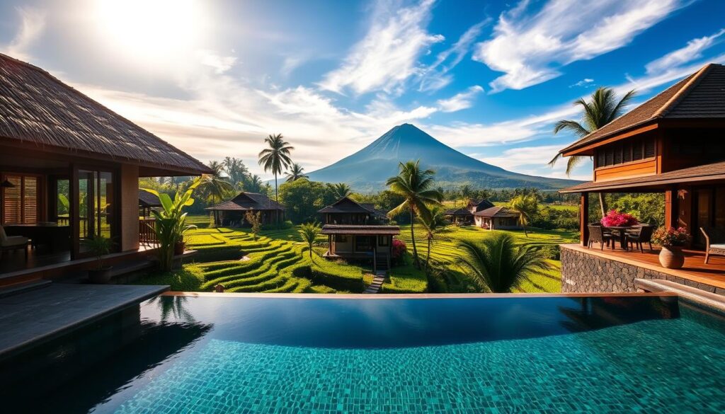 A picturesque scene depicting various Bali accommodation options, with a focus on luxury villas, cozy bungalows, and traditional guesthouses. In the foreground, a stunning private villa with an infinity pool overlooking lush rice terraces; the villa has a thatched roof and large windows that reflect the tropical sunlight. The middle of the image features a quaint, rustic bungalow surrounded by vibrant tropical flowers and palm trees. In the background, the silhouette of a majestic volcano under a bright blue sky with wispy clouds. The sunlight casts a warm, inviting glow across the landscape, creating a tranquil and relaxing atmosphere, perfect for a getaway. Capture this scene with a wide-angle lens to emphasize depth and detail, with soft lighting to enhance the serene mood. A picturesque scene depicting various Bali accommodation options, with a focus on luxury villas, cozy bungalows, and traditional guesthouses. In the foreground, a stunning private villa with an infinity pool overlooking lush rice terraces; the villa has a thatched roof and large windows that reflect the tropical sunlight. The middle of the image features a quaint, rustic bungalow surrounded by vibrant tropical flowers and palm trees. In the background, the silhouette of a majestic volcano under a bright blue sky with wispy clouds. The sunlight casts a warm, inviting glow across the landscape, creating a tranquil and relaxing atmosphere, perfect for a getaway. Capture this scene with a wide-angle lens to emphasize depth and detail, with soft lighting to enhance the serene mood.