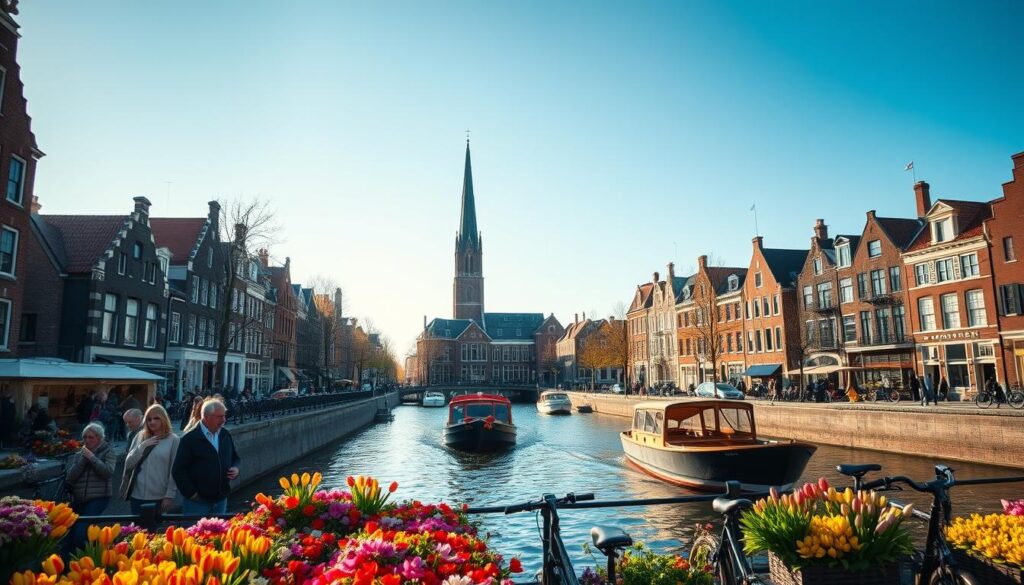 A picturesque scene of Amsterdam, showcasing its iconic canals and charming architecture. In the foreground, a vibrant flower market with rows of colorful tulips and other blooms is bustling with visitors dressed in casual, stylish attire. In the middle ground, a classic canal boat glides silently on the water, surrounded by distinctive 17th-century brick houses with gabled roofs. Bicycles are parked along the canal, capturing the city's cycling culture. The background features a clear blue sky and the iconic Westerkerk tower rising above the cityscape. Soft, warm lighting bathes the scene in the golden glow of late afternoon, evoking a welcoming and enchanting atmosphere. The composition should be viewed from a slightly elevated angle, encapsulating the essence of an unforgettable Amsterdam experience.
