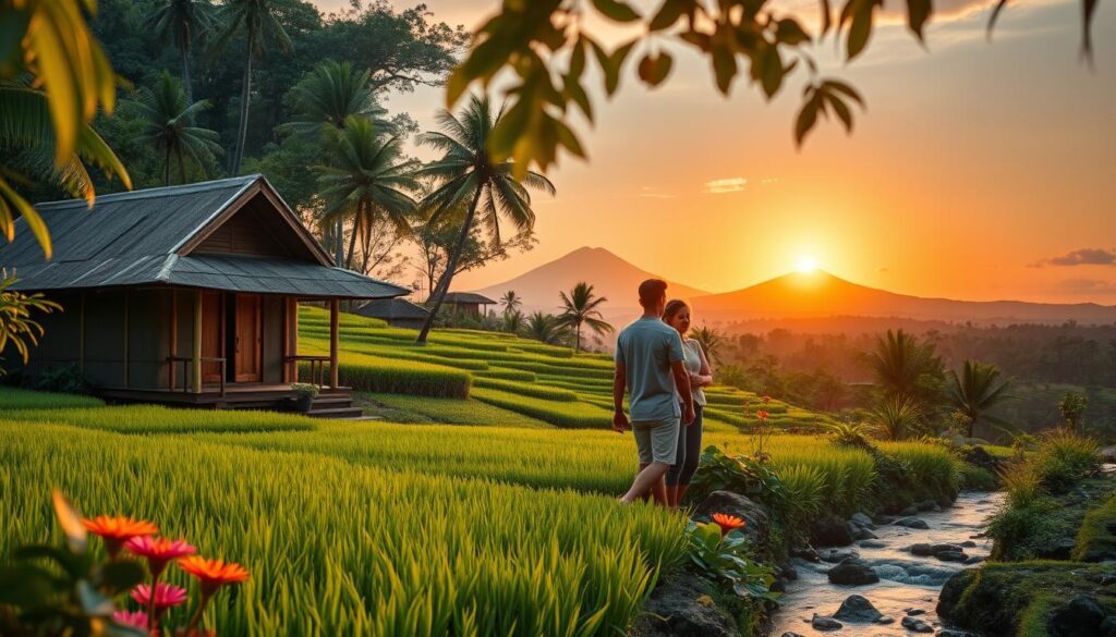 A picturesque scene showcasing sustainable travel in Bali, featuring an eco-friendly bamboo villa nestled among lush green rice terraces in the foreground. A couple in modest casual clothing is engaging with a local artisan, discussing handcrafted, sustainable goods. In the middle ground, there are vibrant tropical flowers and a gentle stream signifying nature's beauty. The background displays a stunning sunset casting warm golden light over the landscape, with a distant view of Mount Agung. The atmosphere is serene and inviting, emphasizing harmony with nature. The scene captures the essence of responsible travel, framed with a warm, soft focus for a dreamy effect. A picturesque scene showcasing sustainable travel in Bali, featuring an eco-friendly bamboo villa nestled among lush green rice terraces in the foreground. A couple in modest casual clothing is engaging with a local artisan, discussing handcrafted, sustainable goods. In the middle ground, there are vibrant tropical flowers and a gentle stream signifying nature's beauty. The background displays a stunning sunset casting warm golden light over the landscape, with a distant view of Mount Agung. The atmosphere is serene and inviting, emphasizing harmony with nature. The scene captures the essence of responsible travel, framed with a warm, soft focus for a dreamy effect.