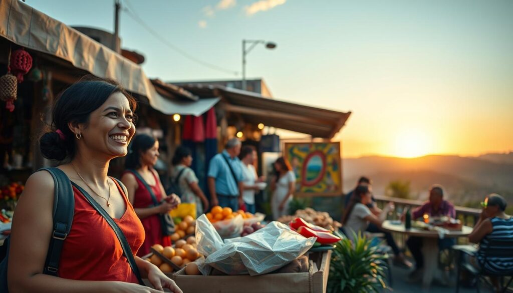A picturesque travel scene showing diverse travelers enjoying meaningful experiences on a budget. In the foreground, a young woman in modest casual clothing is laughing with locals at a vibrant street market, selecting fresh fruits and handmade crafts. In the middle ground, a group of friends is sharing a meal at a rustic outdoor café, surrounded by colorful local art. The background features a scenic landscape, with mountains and a sunset casting warm golden hues across the sky. The lighting is soft and inviting, capturing the essence of affordable adventures that connect travelers with local cultures. The mood reflects joy, camaraderie, and exploration, emphasizing the value of authentic experiences in travel.