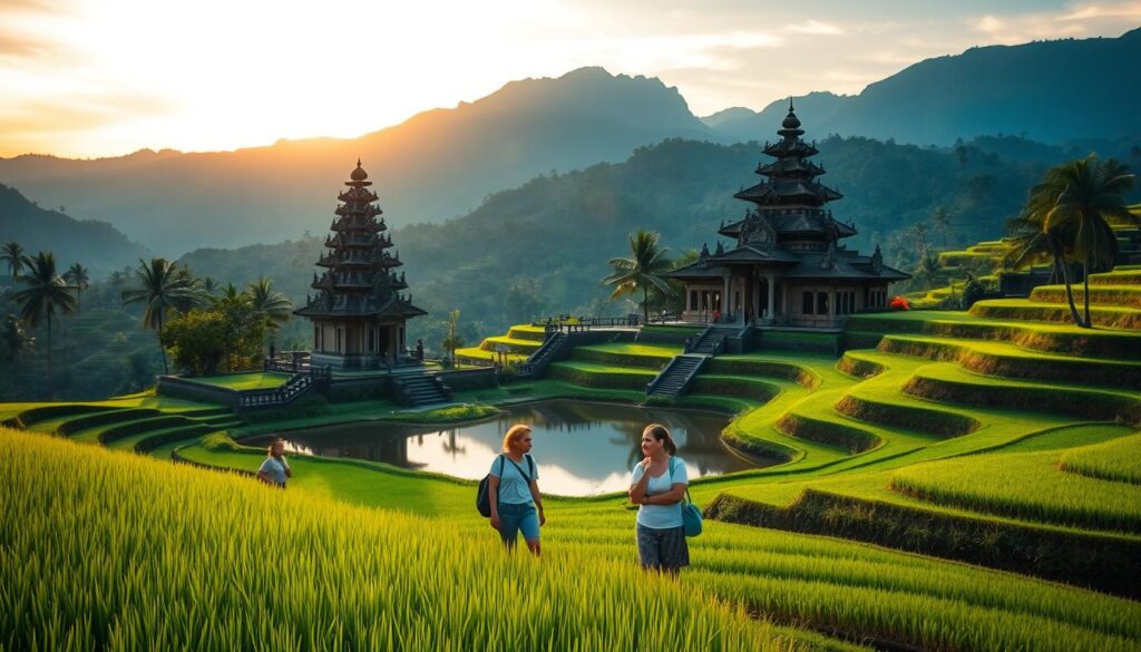 A scenic view of a serene Balinese landscape, showcasing lush rice terraces in rich green hues in the foreground. In the middle, a traditional Balinese temple with intricate carvings sits beside a tranquil pond reflecting the sky. A few people in modest casual clothing explore the area, capturing the essence of travel and connection with nature. The background features majestic mountains bathed in the golden glow of sunset, creating a warm and inviting atmosphere. The lighting is soft and ethereal, evoking a sense of peace and adventure. The image captures the vibrant culture of Bali, emphasizing its stunning natural beauty and rich heritage without any distractions. A scenic view of a serene Balinese landscape, showcasing lush rice terraces in rich green hues in the foreground. In the middle, a traditional Balinese temple with intricate carvings sits beside a tranquil pond reflecting the sky. A few people in modest casual clothing explore the area, capturing the essence of travel and connection with nature. The background features majestic mountains bathed in the golden glow of sunset, creating a warm and inviting atmosphere. The lighting is soft and ethereal, evoking a sense of peace and adventure. The image captures the vibrant culture of Bali, emphasizing its stunning natural beauty and rich heritage without any distractions.