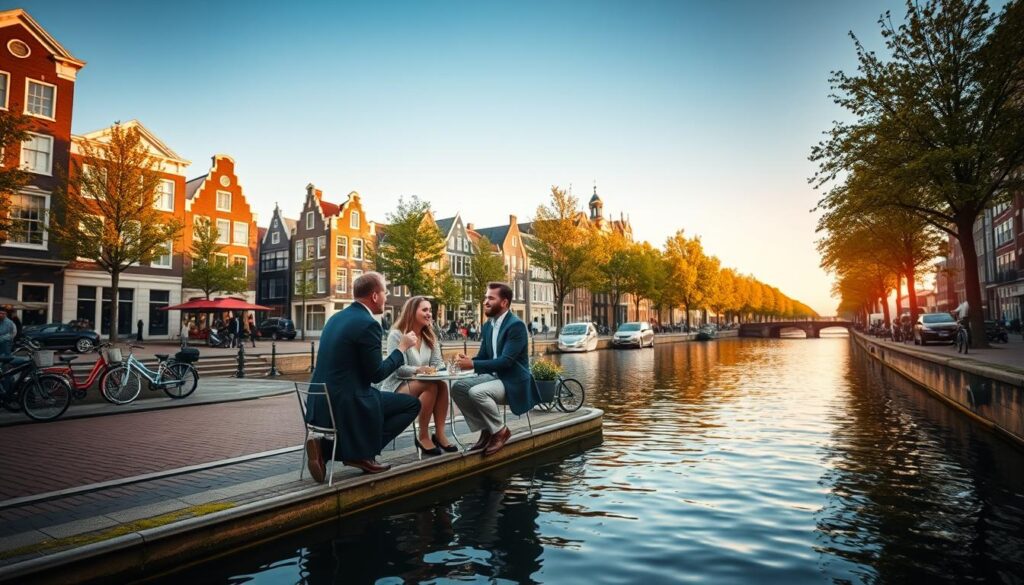 A serene Amsterdam scene depicting a harmonious work-life balance, with a vibrant canal in the foreground reflecting the late afternoon sunlight. Include a small group of professionals in smart casual attire engaged in a lively discussion at an outdoor café beside the water, showcasing laughter and collaboration. In the middle ground, picturesque canal houses with classic Dutch architecture and bicycles parked along the cobbled streets evoke a sense of local charm. The background features a gentle skyline with lush trees lining the canals, under a clear blue sky, creating a tranquil atmosphere. Capture the warmth of golden hour lighting to enhance the inviting mood, while using a wide-angle lens to encompass both the lively interaction and the scenic beauty of Amsterdam.