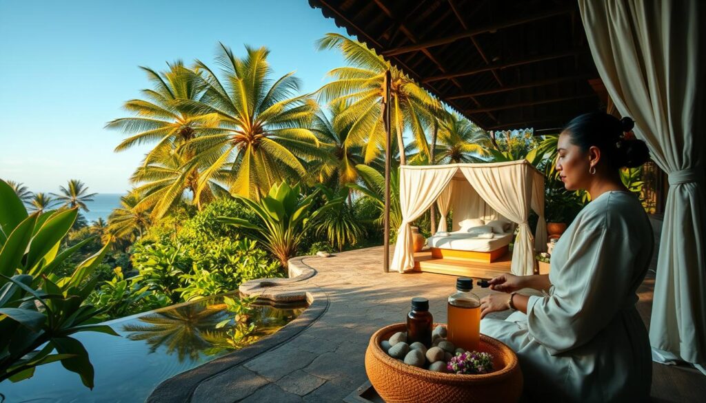 A serene Bali wellness scene, featuring a tranquil outdoor spa nestled among lush tropical greenery. In the foreground, a Balinese woman in modest, traditional attire prepares herbal oils, surrounded by fragrant flowers and stones. The middle ground reveals a peaceful stone path leading to a tranquil massage pavilion, with soft, natural fabrics flowing gently in the breeze. The background showcases tall palm trees against a clear blue sky, filtering golden sunlight that casts a warm glow over the scene. The atmosphere is calm and inviting, evoking a sense of peace and relaxation. Use a wide-angle lens to capture the beauty and depth of the environment, highlighting the harmony between nature and wellness. A serene Bali wellness scene, featuring a tranquil outdoor spa nestled among lush tropical greenery. In the foreground, a Balinese woman in modest, traditional attire prepares herbal oils, surrounded by fragrant flowers and stones. The middle ground reveals a peaceful stone path leading to a tranquil massage pavilion, with soft, natural fabrics flowing gently in the breeze. The background showcases tall palm trees against a clear blue sky, filtering golden sunlight that casts a warm glow over the scene. The atmosphere is calm and inviting, evoking a sense of peace and relaxation. Use a wide-angle lens to capture the beauty and depth of the environment, highlighting the harmony between nature and wellness.
