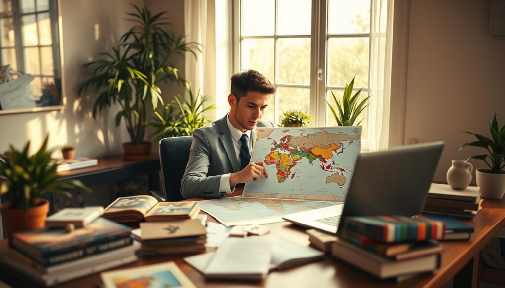 A serene and inspiring workspace where a person in professional attire is thoughtfully planning a travel itinerary. The foreground features a beautifully arranged wooden desk cluttered with a world map, travel books, and a laptop displaying vibrant travel destinations. In the middle, the traveler, a young adult with an expression of contemplation, is marking specific locations on the map with colorful pins. The background shows a large window with natural sunlight streaming in, illuminating the scene and casting soft shadows. Potted plants add a touch of nature, enhancing the atmosphere of calm and intention. The overall mood is one of focus and anticipation, conveying a sense of excitement about future travels.