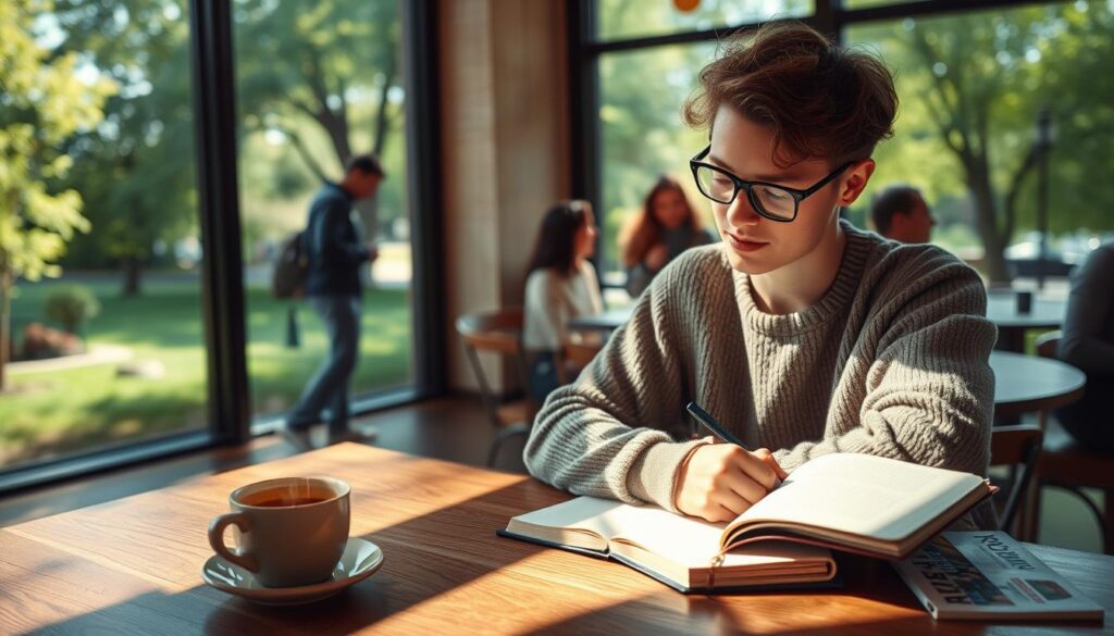 A serene coffee shop interior with a large window overlooking a tranquil park. In the foreground, a person with thoughtfully styled hair, wearing a cozy sweater and glasses, sits at a wooden table, writing in a journal. Sunlight streams through the window, casting gentle shadows and creating a warm atmosphere. On the table beside the journal, a steaming cup of coffee and a travel guide are visible. In the middle ground, friends chat and laugh, creating a lively yet reflective ambiance. The background features lush greenery outside, symbolizing nature’s growth. The image embodies contemplation and personal growth, with soft, natural lighting enhancing the peaceful mood. Use a shallow depth of field for a more intimate feel.