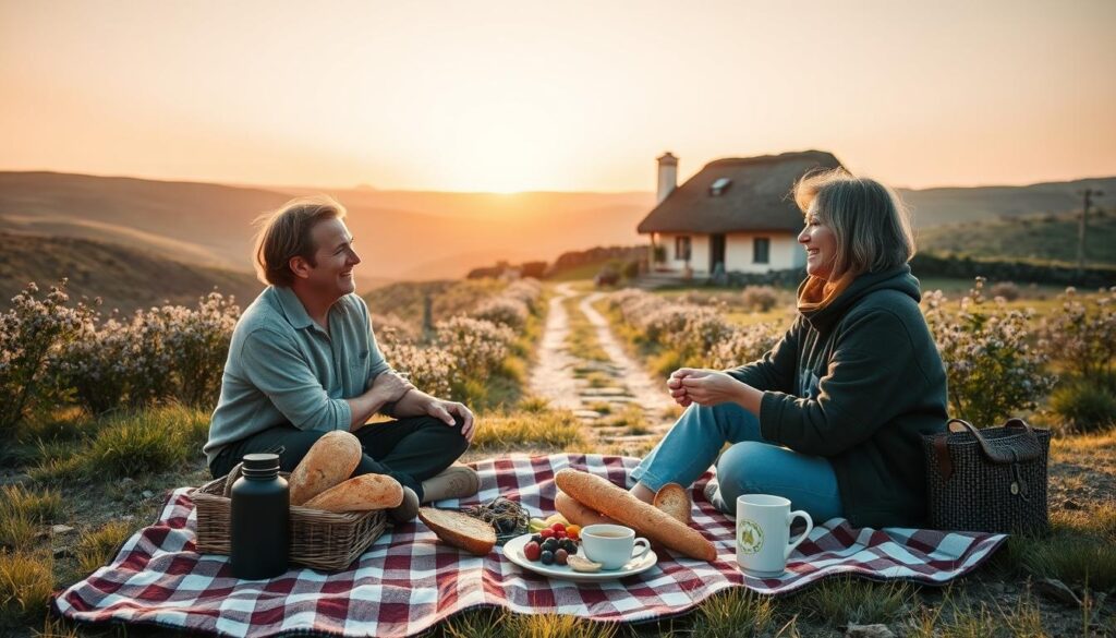 A serene countryside scene showcasing the essence of slow travel. In the foreground, a cozy picnic setup with a checkered blanket, artisanal bread, fresh fruits, and a thermos of tea. A couple, dressed in casual, modest clothing, sits comfortably, savoring their meal while engaging in light conversation and laughter. In the middle ground, an idyllic pathway lined with wildflowers leads to a charming, rustic cottage with a thatched roof, suggesting longer stays and local immersion. The background features rolling hills under a soft, golden sunset, enhancing the tranquil atmosphere. The scene is illuminated by warm, natural lighting with a slight lens flare effect. Overall, the mood is relaxed and inviting, reflecting the joys of savoring moments during slow travel experiences. A serene countryside scene showcasing the essence of slow travel. In the foreground, a cozy picnic setup with a checkered blanket, artisanal bread, fresh fruits, and a thermos of tea. A couple, dressed in casual, modest clothing, sits comfortably, savoring their meal while engaging in light conversation and laughter. In the middle ground, an idyllic pathway lined with wildflowers leads to a charming, rustic cottage with a thatched roof, suggesting longer stays and local immersion. The background features rolling hills under a soft, golden sunset, enhancing the tranquil atmosphere. The scene is illuminated by warm, natural lighting with a slight lens flare effect. Overall, the mood is relaxed and inviting, reflecting the joys of savoring moments during slow travel experiences.