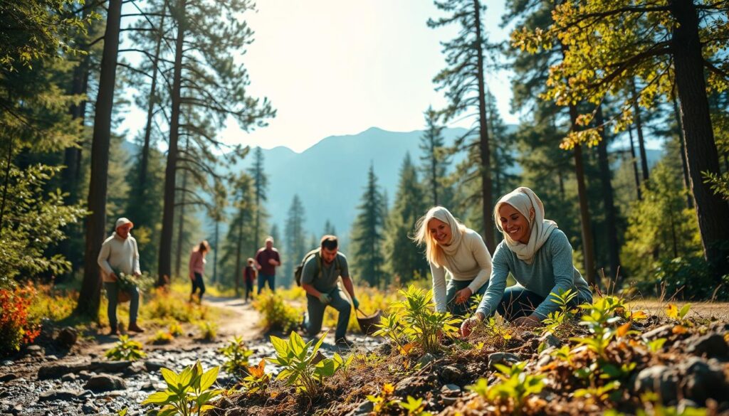 A serene eco-conscious vacation scene in a lush forest setting, where a group of diverse travelers in modest casual clothing are engaged in sustainable activities such as planting trees and cleaning a riverbank. In the foreground, focus on a smiling family working together, surrounded by colorful native plants and wildlife. The middle ground features a natural trail winding through tall trees, with dappled sunlight filtering through the leaves, creating a warm and inviting atmosphere. In the background, majestic mountains are visible under a clear blue sky, enhancing the sense of tranquility and connection to nature. The lighting is soft and golden, reminiscent of late afternoon, emphasizing the peaceful ambiance of eco-friendly travel.