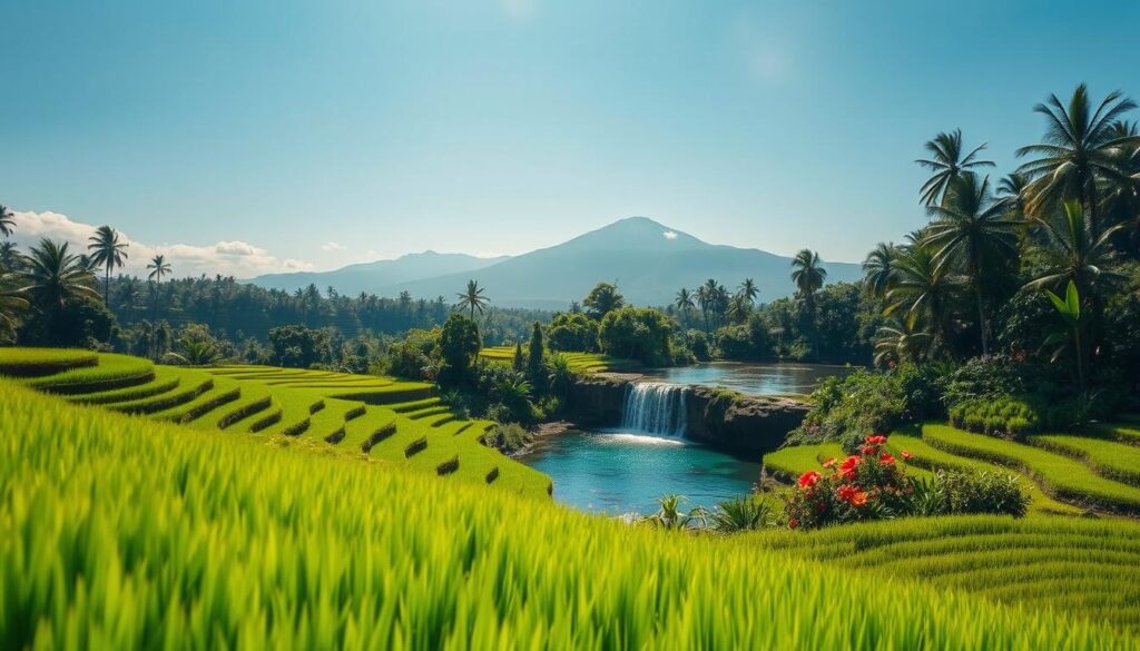 A serene landscape capturing the hidden gems of Bali, featuring lush, terraced rice paddies in vibrant greens at the foreground. In the middle, include a tranquil, secluded waterfall cascading into a crystal-clear pool surrounded by exotic tropical plants and colorful wildflowers. The background should depict distant, mist-covered volcanic mountains under a clear blue sky, emphasizing Bali's natural beauty. Use soft, warm sunlight filtering through the trees to create a peaceful, inviting atmosphere. The angle should be slightly elevated, showcasing the depth of the scenery while maintaining a focus on the waterfall's gentle flow. The overall mood should be quiet and reflective, evoking a sense of discovery and tranquility. A serene landscape capturing the hidden gems of Bali, featuring lush, terraced rice paddies in vibrant greens at the foreground. In the middle, include a tranquil, secluded waterfall cascading into a crystal-clear pool surrounded by exotic tropical plants and colorful wildflowers. The background should depict distant, mist-covered volcanic mountains under a clear blue sky, emphasizing Bali's natural beauty. Use soft, warm sunlight filtering through the trees to create a peaceful, inviting atmosphere. The angle should be slightly elevated, showcasing the depth of the scenery while maintaining a focus on the waterfall's gentle flow. The overall mood should be quiet and reflective, evoking a sense of discovery and tranquility.