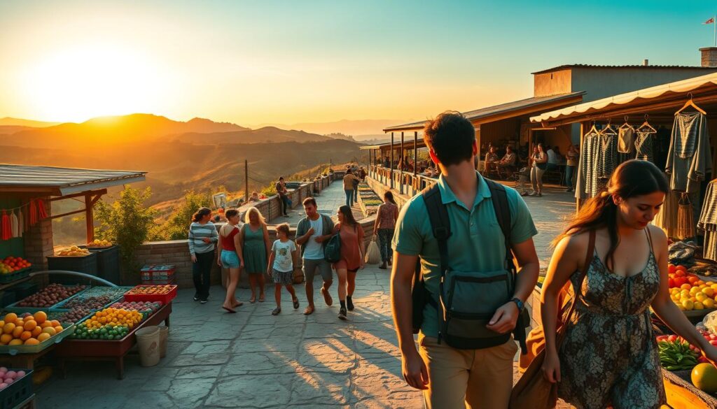 A serene landscape depicting a budget-friendly travel scene. In the foreground, a diverse group of travelers—including a young couple and a family—are exploring a local market filled with colorful stalls showcasing fresh produce and handmade crafts, all dressed in modest casual attire. In the middle ground, a cozy backpacker hostel is visible, with travelers sharing stories on a sun-drenched terrace. The background features rolling hills and a picturesque sunset, casting warm golden light over the scene. Use a wide-angle lens to capture the vibrancy and energy of the environment, creating a mood of adventure and joy in budget travel. The overall atmosphere should be inviting and inspiring, emphasizing meaningful experiences on a budget.