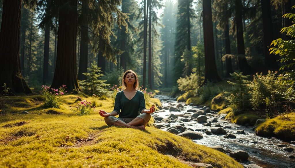 A serene landscape depicting a person engaged in mindful exploration in a lush green forest. In the foreground, a figure dressed in modest casual clothing is sitting cross-legged on a soft mossy patch, their eyes closed and a peaceful expression on their face, symbolizing inner tranquility. The middle ground features a gentle stream flowing between smooth stones, with vibrant wildflowers dotting the banks. In the background, tall, majestic trees reach towards the sky, filtered sunlight streaming through the leaves, creating a dappled light effect on the forest floor. The image should evoke a sense of calm and connection with nature, using warm, soft lighting to enhance the tranquil atmosphere. The angle should be slightly elevated to capture the entirety of the scene, offering a glimpse into the depth of the forest.