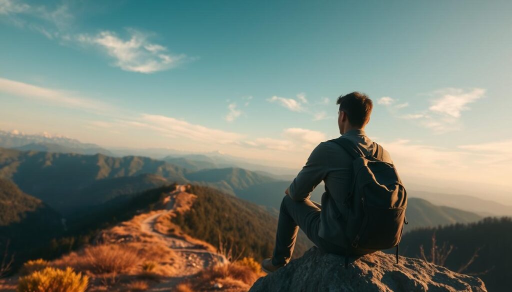 A serene landscape depicting a traveler during a transformative moment of self-reflection amidst nature. In the foreground, a person in modest casual clothing sits on a rock, looking contemplatively at a sweeping vista of mountains and valleys bathed in soft, golden sunlight. The middle ground features a winding path leading into a lush forest, symbolizing the journey of personal growth. In the background, distant peaks rise majestically under a clear blue sky, contrasting with wispy clouds. The scene is infused with a warm, inviting atmosphere that evokes feelings of tranquility and introspection. Use natural lighting to highlight the emotional weight of the moment, captured with a wide-angle lens to convey depth and openness.