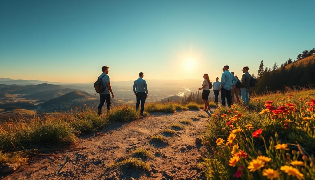 A serene landscape depicting key elements of unforgettable journeys: in the foreground, a well-trodden path lined with vibrant wildflowers, symbolizing exploration. In the middle ground, a diverse group of travelers dressed in professional attire, engaged in conversation while admiring a breathtaking view of rolling hills and a distant mountain range under a clear blue sky. The background features hints of iconic landmarks like a winding river and a quaint village nestled among the trees, evoking a sense of adventure. Use soft, warm lighting to create a welcoming atmosphere, capturing the golden hour just before sunset. A wide-angle lens perspective to enhance depth and invite viewers into the scene. The mood is uplifting and inspiring, illustrating the essence of journeys that transcend mere destinations.