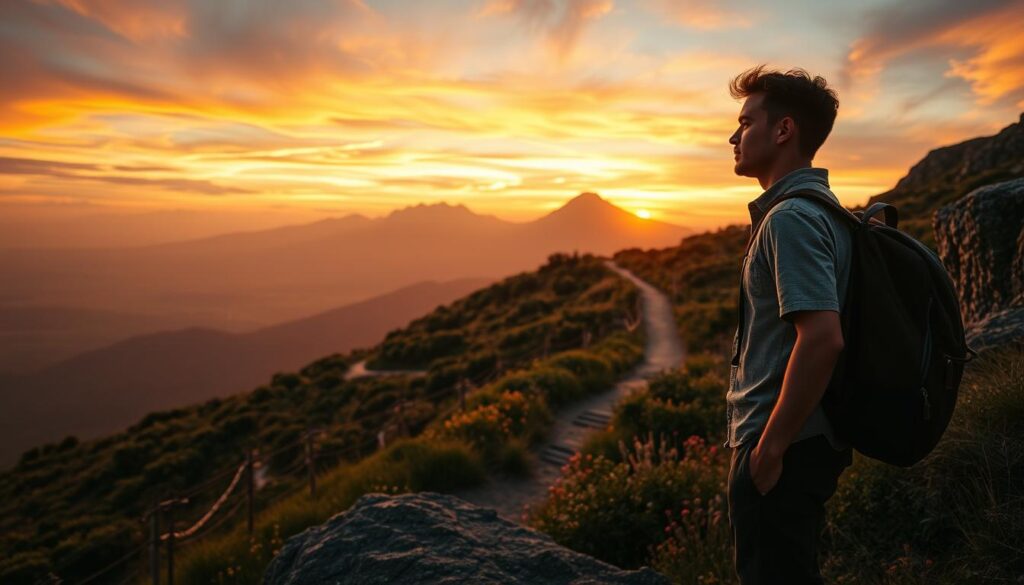 A serene landscape depicting the essence of self-discovery through travel. In the foreground, a thoughtfully dressed traveler, enjoying modest casual attire, stands on a rocky cliff, gazing out over a breathtaking sunset. Their expression reflects contemplation and wonder. In the middle ground, a winding path leads through lush greenery and wildflowers, symbolizing the journey of personal growth. The background features majestic mountains silhouetted against a vibrant sky filled with hues of orange, purple, and pink, suggesting hope and transformation. Soft, golden lighting bathes the scene, creating an inviting and introspective atmosphere. The angle captures both the traveler’s perspective and the expansive beauty of nature, emphasizing the connection between exploration and self-discovery.