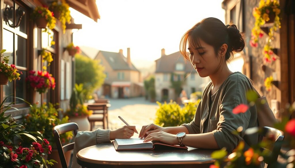 A serene landscape featuring a close-up of a traveler, an Asian woman in modest casual clothing, deeply engaged in writing in her journal at a quaint café table, surrounded by lush greenery and colorful flowers. The middle ground shows the café's rustic architecture with wooden beams and vibrant plants hanging around. In the background, a scenic village with cobblestone streets and charming cottages under soft golden-hour sunlight casts a warm, inviting glow. The scene captures the essence of deep travel immersion, emphasizing the tranquility and connection with the surroundings. The overall mood is contemplative and peaceful, inviting viewers to imagine the beauty of taking time to savor travel experiences. The image should have a soft focus, reminiscent of a wide-angle lens with gentle bokeh effects to highlight the subject. A serene landscape featuring a close-up of a traveler, an Asian woman in modest casual clothing, deeply engaged in writing in her journal at a quaint café table, surrounded by lush greenery and colorful flowers. The middle ground shows the café's rustic architecture with wooden beams and vibrant plants hanging around. In the background, a scenic village with cobblestone streets and charming cottages under soft golden-hour sunlight casts a warm, inviting glow. The scene captures the essence of deep travel immersion, emphasizing the tranquility and connection with the surroundings. The overall mood is contemplative and peaceful, inviting viewers to imagine the beauty of taking time to savor travel experiences. The image should have a soft focus, reminiscent of a wide-angle lens with gentle bokeh effects to highlight the subject.