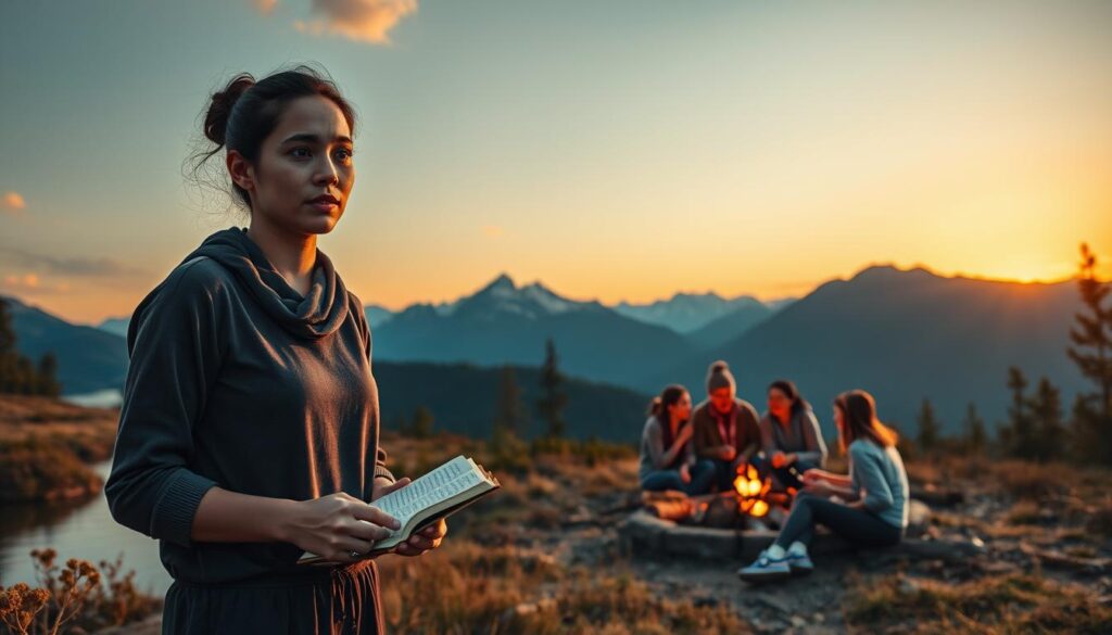 A serene landscape illustrating the transformative journey of travel, with a diverse group of individuals engaging in various self-reflective activities. In the foreground, a woman in modest casual clothing is journaling by a tranquil lake, her expression one of contemplation. The middle ground features a group of friends laughing and sharing experiences around a campfire, surrounded by nature, symbolizing connection and growth. In the background, majestic mountains rise under a vibrant sunset, casting warm golden light that enhances the scene's uplifting atmosphere. The overall mood is one of inspiration and tranquility, inviting viewers to reflect on how travel can shape personal growth and relationship-building. Use a wide-angle lens for depth and clarity, focusing on the vibrant colors and natural beauty.