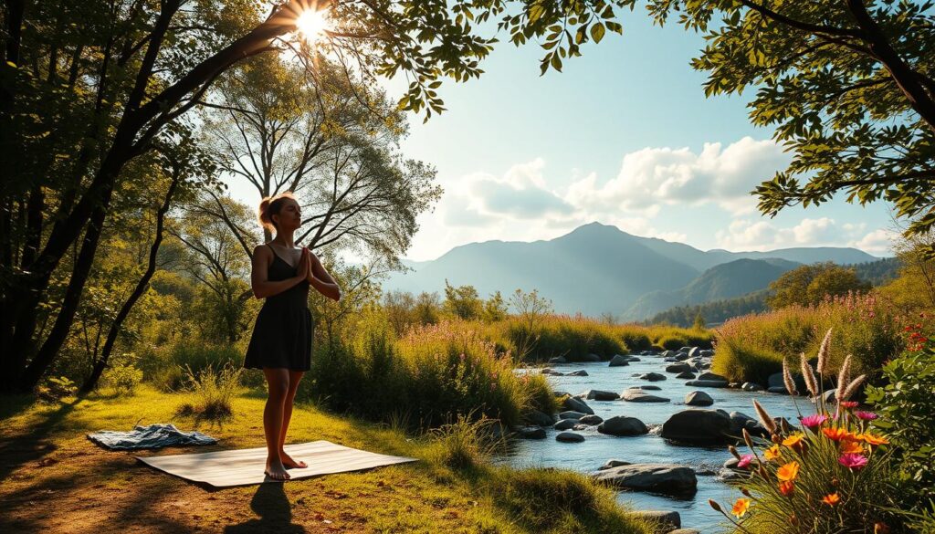 A serene landscape portraying natural wellness travel, featuring a tranquil forest setting with lush greenery and sunlight filtering through the leaves. In the foreground, a peaceful figure in modest casual clothing practices yoga on a wooden mat, embodying mindfulness and relaxation. The middle ground showcases a clear, flowing stream with smooth stones, surrounded by vibrant wildflowers, symbolizing vitality and renewal. In the background, gentle mountains rise against a soft blue sky with fluffy white clouds, enhancing a sense of harmony with nature. The lighting is warm and inviting, evoking a tranquil atmosphere, with an emphasis on natural beauty and rejuvenation. The scene conveys a feeling of peace and connection to the outdoors, inspiring viewers to embrace wellness through nature.