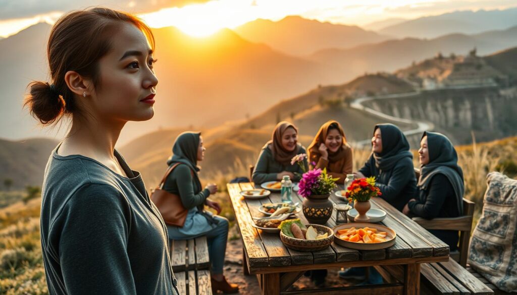 A serene landscape showcasing a diverse group of people in professional, modest casual attire experiencing a transformative travel moment. In the foreground, a young woman gazes thoughtfully at a majestic mountain range, her expression reflecting awe and introspection. In the middle, a group of travelers shares stories and laughter around a rustic wooden table adorned with local cuisine and vibrant flowers, symbolizing connection and shared experiences. The background features a golden sunset casting warm light over the scene, with rolling hills and a distant village, evoking a sense of adventure and discovery. The mood is uplifting and contemplative, with soft, natural lighting and a slightly blurred depth of field to emphasize the subjects while retaining a sense of place.