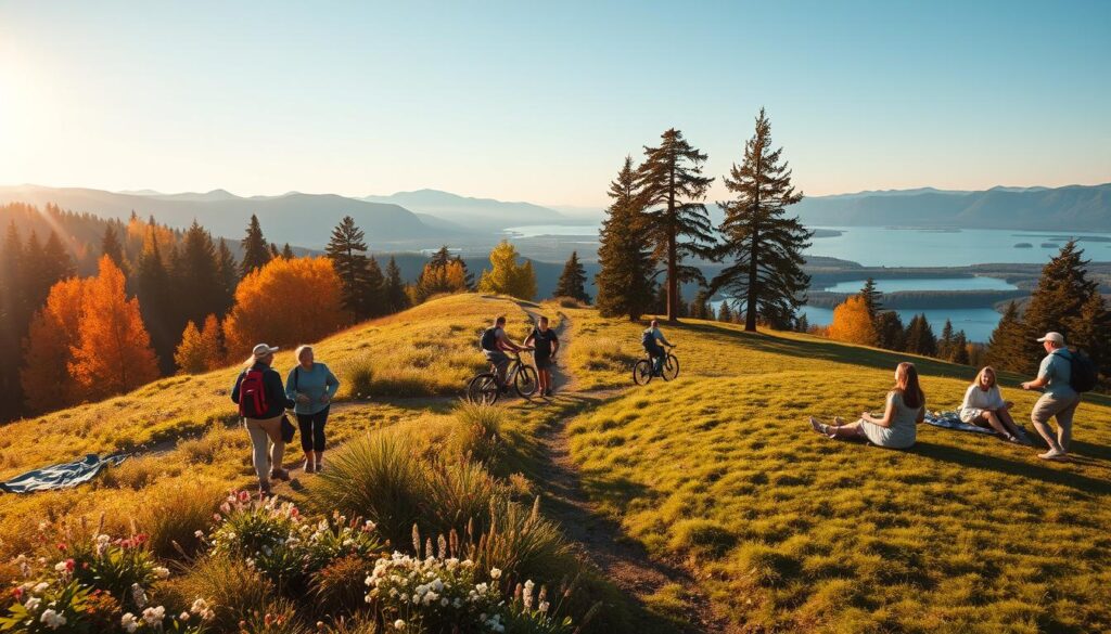 A serene landscape showcasing various scenes of mini-excursions, with the foreground featuring a diverse group of people enjoying different activities: a family hiking through a vibrant forest, a couple cycling along a sunlit riverbank, and friends having a picnic on a grassy hilltop. In the middle ground, picturesque trails weave through blooming flowers and tall trees, while a clear blue sky enhances the cheerful atmosphere. The background showcases distant mountains and a peaceful lake reflecting the sunlight, creating a harmonious environment. The lighting is warm and inviting, suggesting late afternoon, casting soft shadows. The composition captures a sense of adventure, exploring the beauty of nature in close proximity, emphasizing the joy of micro-adventures.