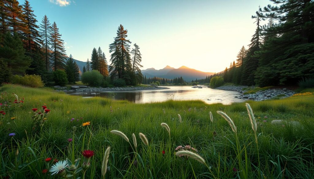 A serene nature escape featuring a diverse landscape. In the foreground, lush green grass dotted with colorful wildflowers sways gently in a soft breeze. In the middle ground, a tranquil river flows smoothly, reflecting the vibrant hues of the sky at sunset, with a few smooth stones lining its banks. On either side, towering trees, including tall pines and ornate oaks, provide shade and a sense of adventure. The background reveals distant mountain peaks, their silhouettes softened by the golden light of the setting sun, creating a breathtaking panorama. The atmosphere evokes tranquility and rejuvenation, with a warm, inviting color palette and a soft focus to enhance the dreamlike quality of the scene. A wide-angle lens captures the expansive beauty, bathed in the gentle glow of evening light, inviting viewers to explore the landscapes of nature.
