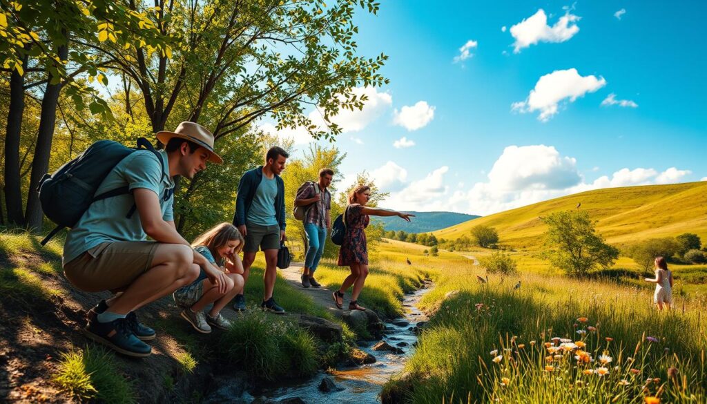 A serene nature scene showcasing a group of diverse individuals dressed in modest casual clothing engaging in a local excursion. In the foreground, a couple of people are examining a small stream, crouched down with curiosity, while another person is pointing towards a vibrant wildflower patch nearby. The middle ground features lush green trees, a winding trail, and a few colorful birds perched on branches. In the background, gentle hills rise under a bright blue sky dotted with fluffy white clouds. The scene is illuminated by soft, warm sunlight filtering through the leaves, creating a tranquil ambiance. The angle captures both intimacy with the explorers and the expansive beauty of the surrounding nature, evoking a sense of adventure and discovery.
