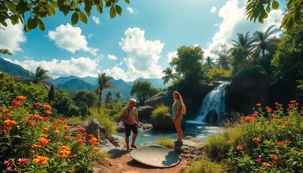 A serene, off-the-beaten-path travel destination showcasing a hidden waterfall cascading into a crystal-clear pool surrounded by lush greenery. In the foreground, a rugged path winds through vibrant wildflowers, inviting adventurous travelers dressed in modest, casual clothing to explore. The middle ground features a mix of tropical trees and large boulders, while the distant background reveals misty mountains under a bright blue sky dotted with fluffy white clouds. Soft, golden sunlight filters through the leaves, creating a warm and inviting atmosphere. The angle captures the depth and inviting nature of the scene, encouraging viewers to embrace the adventure of discovering lesser-known travel gems.