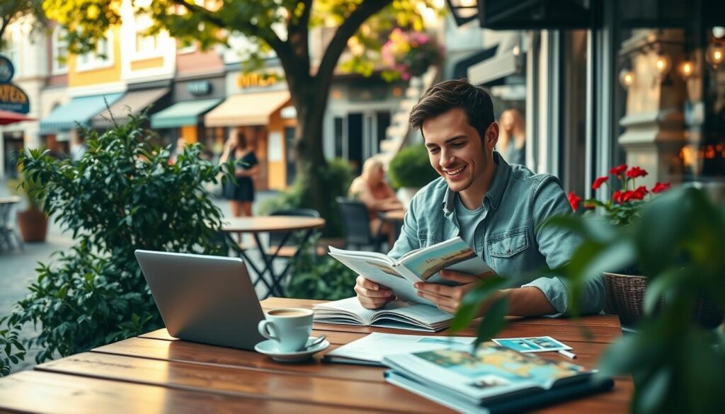 A serene outdoor café scene depicting a young couple thoughtfully planning their slow travel itinerary. In the foreground, a wooden table is scattered with travel guides, a laptop, and a steaming cup of coffee. The couple is dressed in modest casual clothing, engaged in a discussion, smiling while penning notes in a journal. In the middle ground, lush greenery frames them, with other travelers leisurely enjoying the space. The background features a quaint street lined with colorful boutique shops and blooming flowers, under soft natural lighting of late afternoon. The atmosphere is warm and inviting, exuding a sense of relaxation and anticipation for future adventures. The lens captures a slightly angled view to encapsulate the vibrancy of the café and surroundings. A serene outdoor café scene depicting a young couple thoughtfully planning their slow travel itinerary. In the foreground, a wooden table is scattered with travel guides, a laptop, and a steaming cup of coffee. The couple is dressed in modest casual clothing, engaged in a discussion, smiling while penning notes in a journal. In the middle ground, lush greenery frames them, with other travelers leisurely enjoying the space. The background features a quaint street lined with colorful boutique shops and blooming flowers, under soft natural lighting of late afternoon. The atmosphere is warm and inviting, exuding a sense of relaxation and anticipation for future adventures. The lens captures a slightly angled view to encapsulate the vibrancy of the café and surroundings.