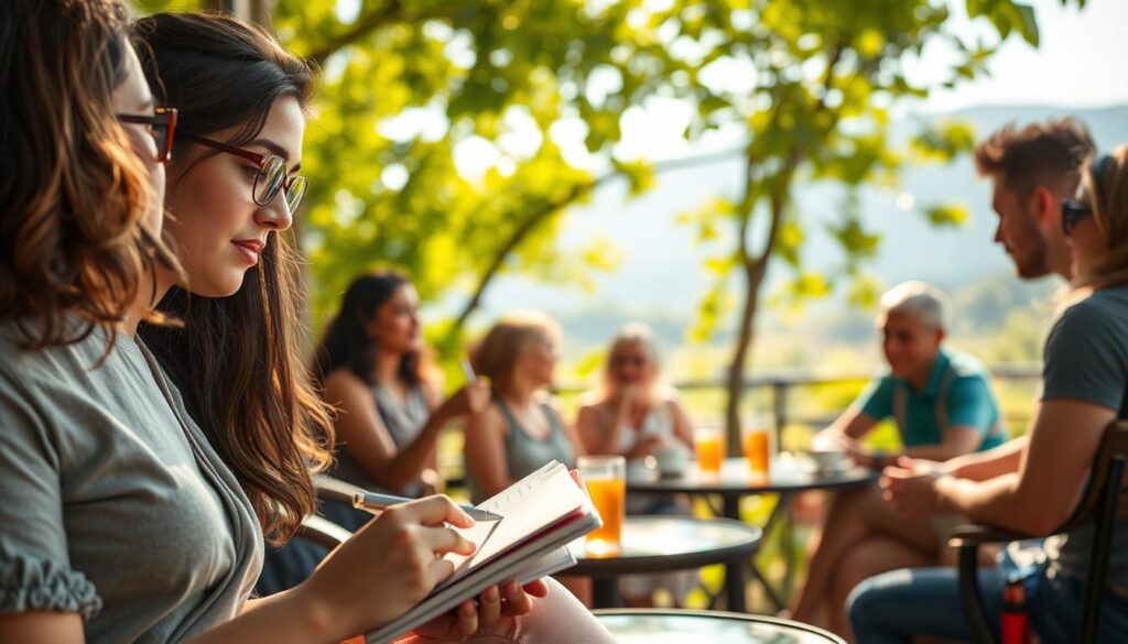 A serene outdoor café scene, showcasing a diverse group of individuals engaged in thoughtful conversation, each exhibiting a sense of curiosity and openness to new experiences. In the foreground, a young woman in casual attire sketches in a notebook, reflecting a sense of creativity inspired by travel. In the middle, a diverse group of people share stories over coffee, the sunlight filtering through lush green trees, creating warm dappled light. The background features distant mountains or a scenic landmark, softly blurred to suggest depth. The overall atmosphere is vibrant yet relaxed, inviting viewers to embrace the travel mindset in their daily lives. The image should be bright and welcoming, evoking feelings of inspiration and connection.
