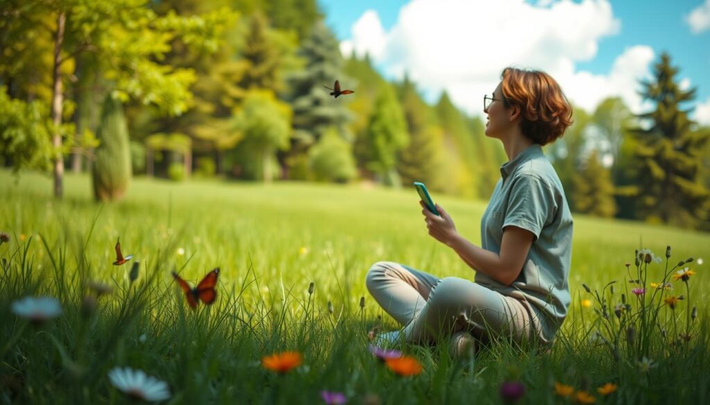 A serene outdoor scene depicting a person in modest casual clothing sitting cross-legged on a lush green meadow, surrounded by tall trees and colorful wildflowers, gazing thoughtfully into the distance. The foreground features gentle butterfly movements and a soft breeze causing the grass to sway, evoking a sense of tranquility. In the middle, the figure is holding their smartphone and has it turned off, symbolizing their decision to disconnect. The background showcases a clear blue sky with fluffy white clouds, filtered sunlight creating a warm and inviting atmosphere. The overall mood is peaceful and reflective, emphasizing a calming escape into nature away from technology, captured with a soft-focus lens for an ethereal touch.