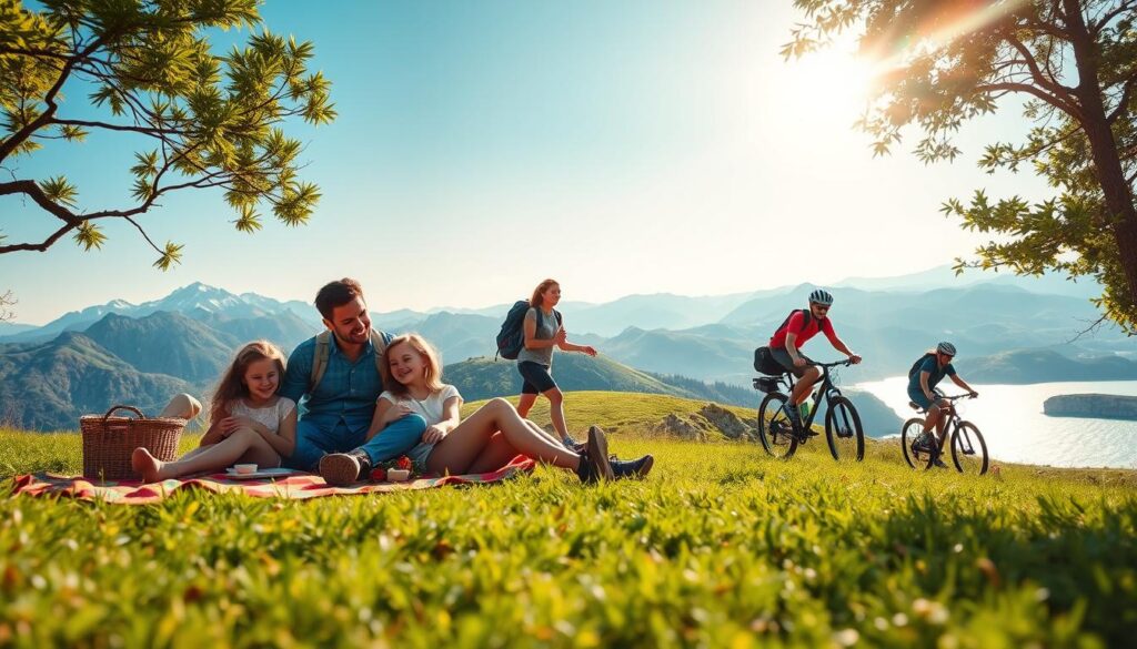 A serene outdoor scene depicting various adventure day trips and mini-excursions. In the foreground, a family of four enjoys a scenic picnic on a colorful blanket surrounded by nature, with mountains in the distance. The middle ground features a couple hiking along a lush, green trail, while another group of friends bikes along a scenic lakeside path. In the background, rolling hills and a clear blue sky create an inviting atmosphere. The sunlight casts a warm glow over the landscape, enhancing the cheerful mood of exploration. The angle is slightly elevated to capture the diversity of activities and the beauty of the natural setting, focusing on a sense of adventure and connection with nature.