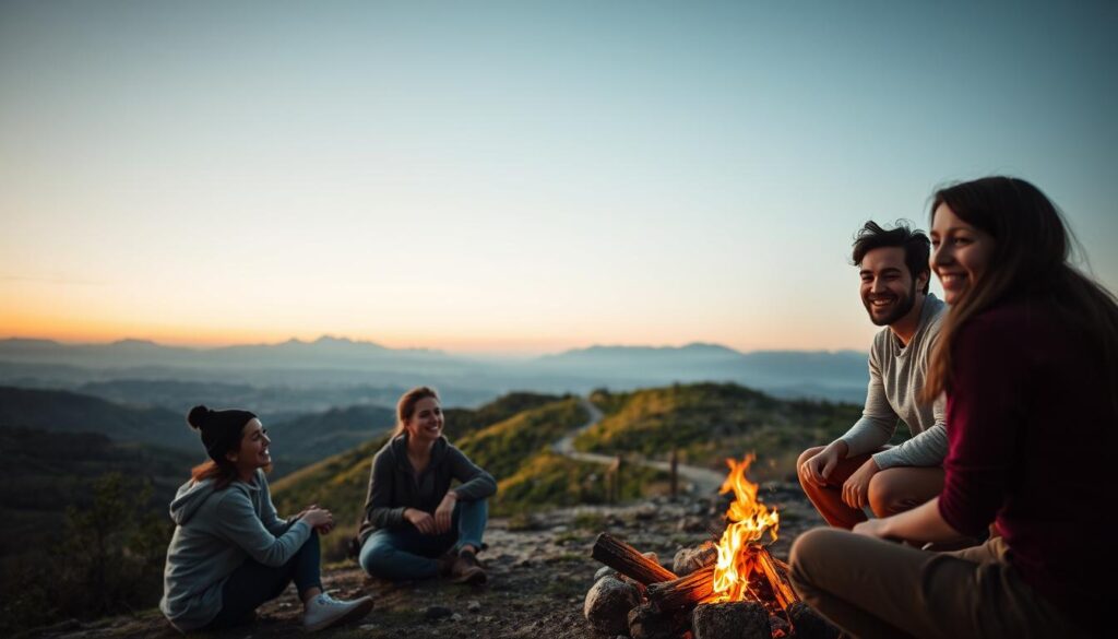 A serene outdoor scene showcasing the benefits of micro-adventures. In the foreground, a diverse group of three people, dressed in modest casual clothing, are enthusiastically sharing experiences around a small campfire, displaying camaraderie and joy. In the middle ground, a picturesque landscape unfolds with vibrant greenery, rolling hills, and a clear blue sky. A winding hiking path leads to a scenic viewpoint featuring a breathtaking sunset, symbolizing the sense of discovery and awe that comes with short trips. The background contains distant mountains bathed in golden light, enhancing the inviting atmosphere. The image is illuminated with warm, soft lighting to evoke a sense of tranquility and adventure, captured from a slightly elevated angle to encompass the entire scene.