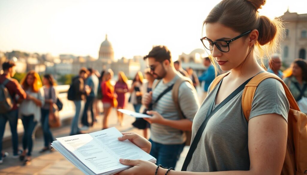 A serene outdoor travel scene showcasing essential travel safety tips. In the foreground, a confident solo traveler, dressed in modest casual clothing, glances at a notebook filled with safety checklists. In the middle ground, a diverse group of tourists engage in activities like checking maps and speaking with a local guide, embodying a sense of community and support. The background features an iconic landscape, perhaps a famous landmark or a bustling street, bathed in warm, golden-hour sunlight that casts soft shadows, enhancing the sense of safety and warmth. The atmosphere is inviting and empowering, evoking feelings of confidence and freedom. Use a wide-angle lens to capture the depth and perspective, ensuring a balanced composition that highlights both the traveler and the vibrant setting.